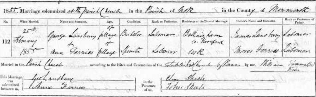 George Lansbury and Ann Ferries' wedding record.