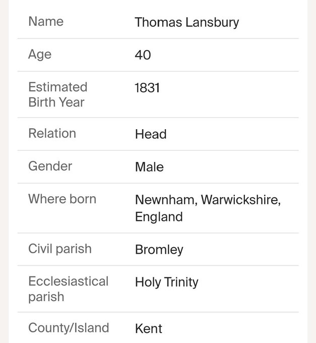 Census index for Thomas Lansbury born 1831 in Newnham, Warwickshire, England.
