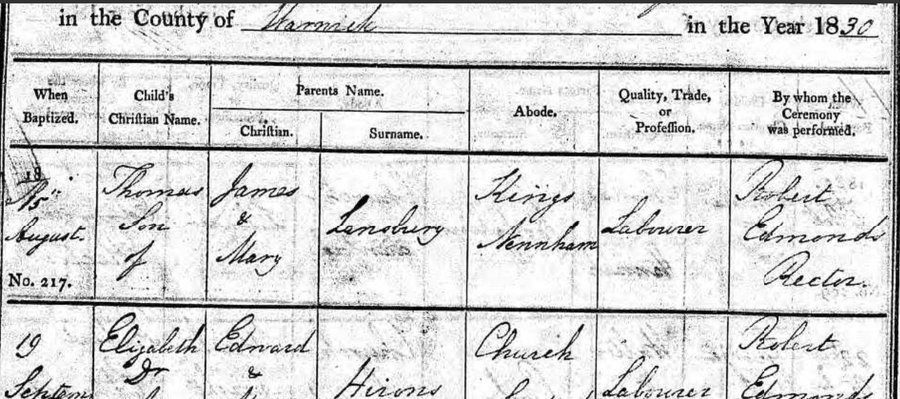 Thomas Lansbury's baptism record
