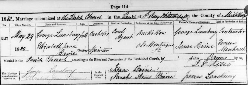 George Lansbury and Elizabeth Jane Brine's wedding record.